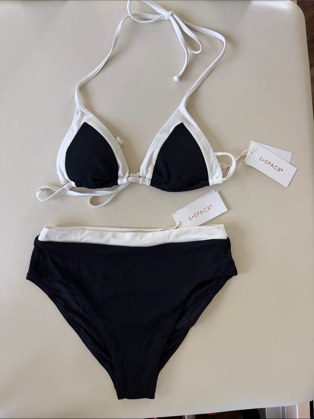l*space Black & White Ribbed Triangle Bikini